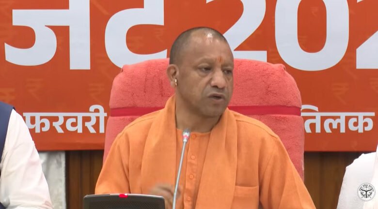 Suresh Khanna presenting UP Budget 2026 in Vidhan Sabha with Yogi Adityanath